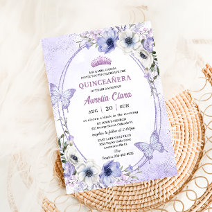 Quinceañera Paarse Sering Bloemen Tiara Vlinders Kaart