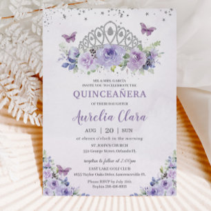 Quinceañera Paarse Sering Bloemen Tiara Vlinders Kaart
