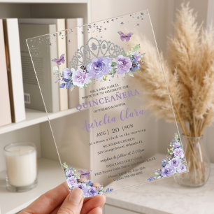 Quinceañera Paarse Sering Bloemenkroon Tiara Vlind Acryl Uitnodigingen