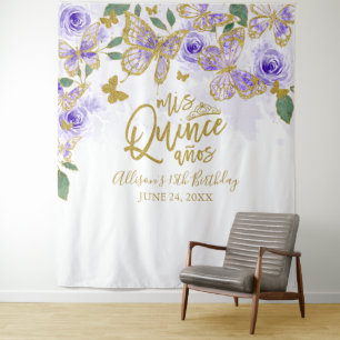 Quinceanera Paarse Vlinders Bloemstuk Achtergrond Wandkleed