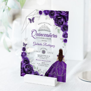 Quinceanera Paarse Zilveren Bloemjurk Acryl Uitnodigingen