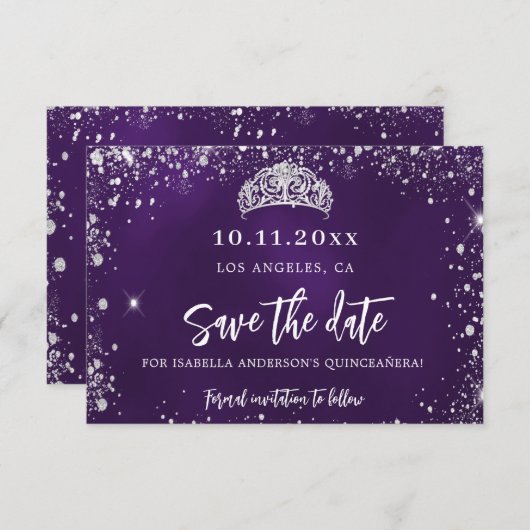 Quinceanera paarse zilverglitter tiara save the date (Voorkant / Achterkant)