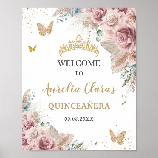 Quinceañera Pampas Grass Blush Bloemenvlinders Poster (Voorkant)