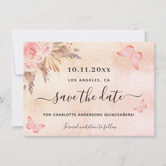 Quinceanera pampas roze butterfly save the date (Voorkant)