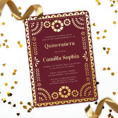 Quinceañera Papel Picado Bourgogne Rood Goud Folie Uitnodiging