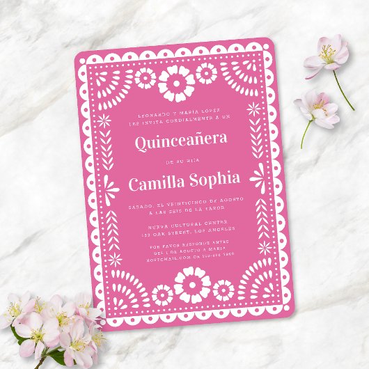 Quinceañera Papel Picado Elegant Bright Pink Kaart