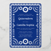 Quinceañera Papel Picado Elegant Royal Blue Silver Folie Uitnodiging (Voorkant)
