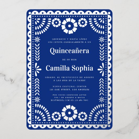 Quinceañera Papel Picado Elegant Royal Blue Silver Folie Uitnodiging (Voorkant)