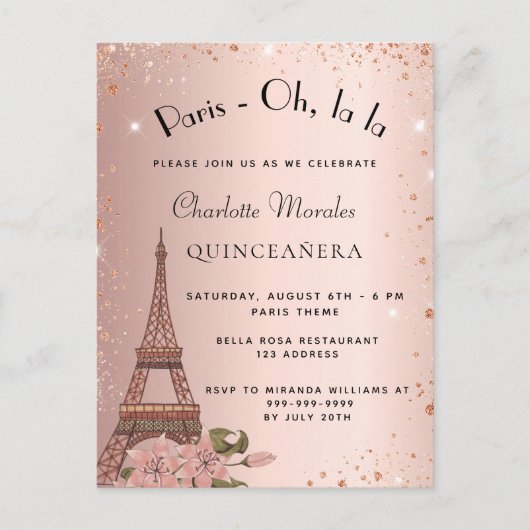 Quinceanera Paris Eiffeltoren roos goudglitter Uitnodiging Briefkaart (Voorkant)