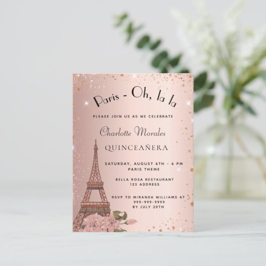 Quinceanera Paris Eiffeltoren roos goudglitter Uitnodiging Briefkaart (Staand voorkant)