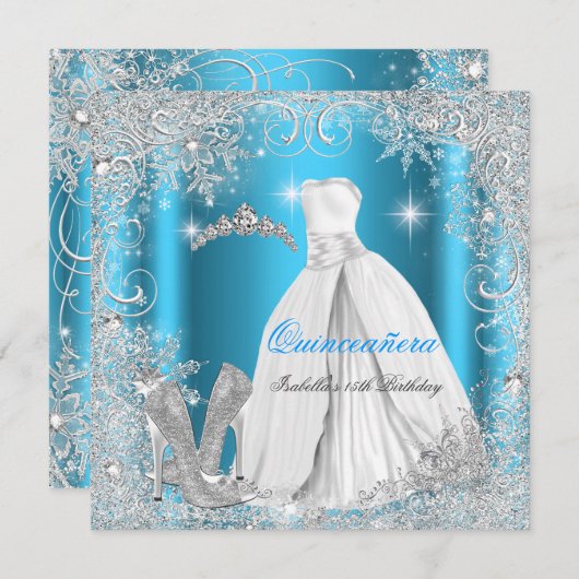 Quinceanera Party Blue Silver Winter Snowflakes Kaart (Voorkant / Achterkant)