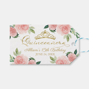 Quinceanera Party Gouden Tiara Blush Roze Bloemen Cadeaulabel