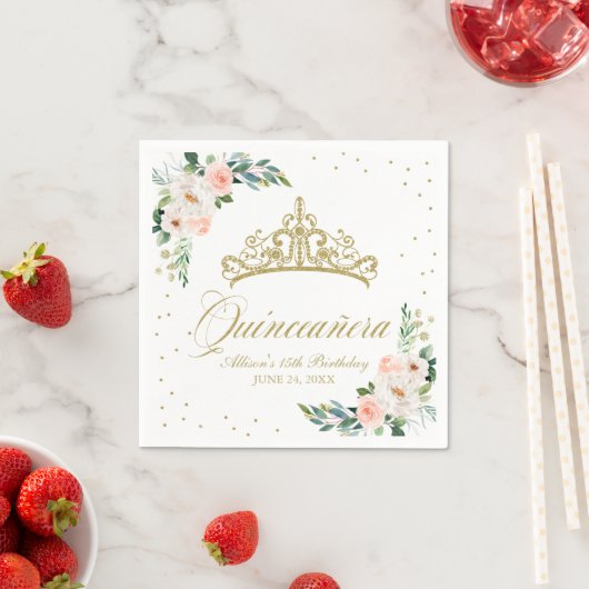 Quinceanera Party Gouden Tiara Blush Roze Bloemen Servet (Insitu)