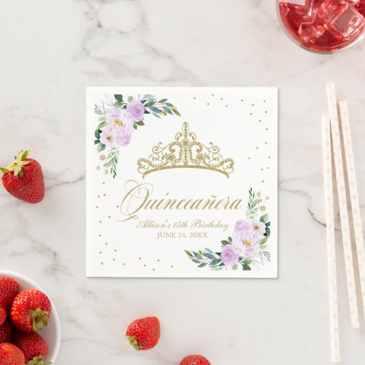 Quinceanera Party Gouden Tiara Paarse Lila Bloemen Servet (Insitu)