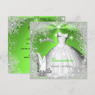 Quinceanera Party Lime Green Silver Snowflakes Kaart