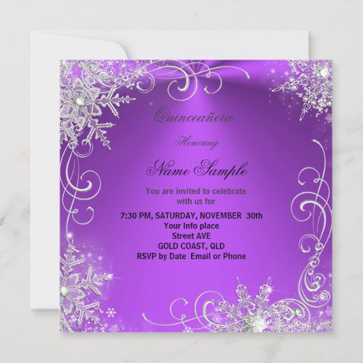 Quinceanera Party Paarse Silver Winter Snowflakes Kaart (Achterkant)