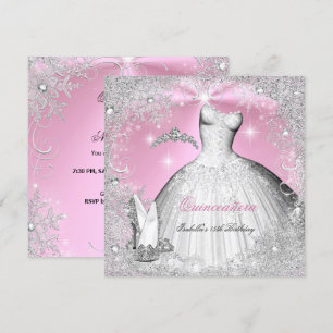 Quinceanera Party Pink Silver Winter Snowflakes Kaart