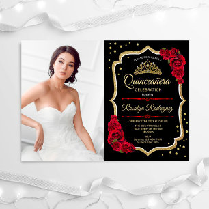 Quinceanera Party with Photo - Black Red Gold Kaart