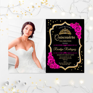 Quinceanera Party with Photo - Black roze Gold Kaart