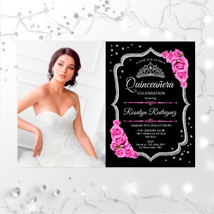 Quinceanera Party with Photo - Black roze zilver Kaart