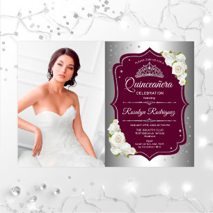 Quinceanera Party with Photo - Burgundy Silver Kaart