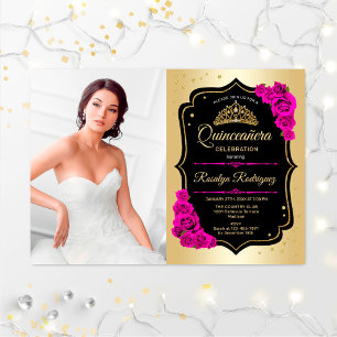 Quinceanera Party with Photo - Gold Black Roze Kaart
