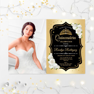 Quinceanera Party with Photo - Gold Black White Kaart