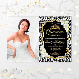 Quinceanera Party with Photo - Gold Black White Kaart