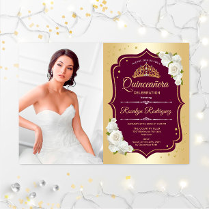 Quinceanera Party with Photo - Gold Burgundy Kaart