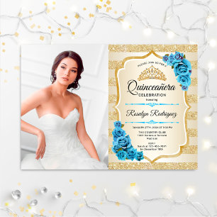 Quinceanera Party with Photo - Gold Turquoise Blue Kaart