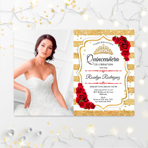 Quinceanera Party with Photo - Gold White Stripes Kaart