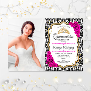 Quinceanera Party with Photo - Pink Gold Black Kaart