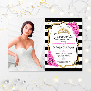Quinceanera Party with Photo - Pink Gold Black Kaart