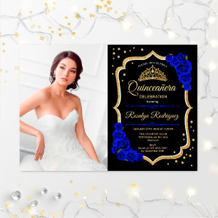 Quinceanera Party with Photo - Royal Blue Gold Kaart