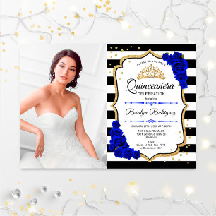 Quinceanera Party with Photo - Royal Blue Gold Kaart