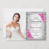 Quinceanera Party with Photo - Silver Pink Kaart (Voorkant)
