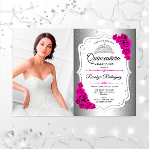 Quinceanera Party with Photo - Silver White roze Kaart