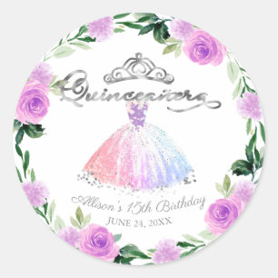 Quinceanera-pastelkleuren zilveren jurk bloemig ronde sticker