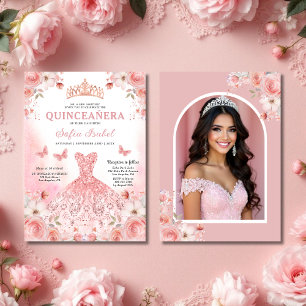 Quinceañera Photo Blush Pink Rose Floral Kaart