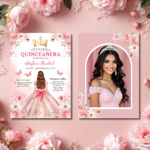 Quinceañera Photo Blush Pink Rose Floral Kaart