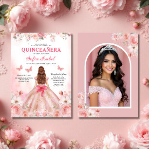 Quinceañera Photo Blush Pink Rose Floral Kaart