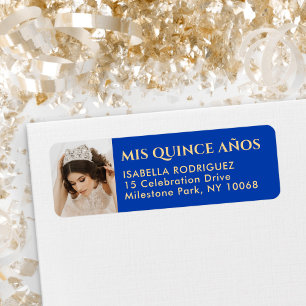 Quinceañera Photo Royal Blue & Gold Retouradres Etiket