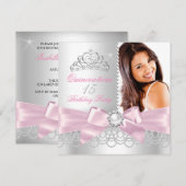 Quinceanera Pink Bow white Pearls Foto van Birthda Kaart (Voorkant / Achterkant)