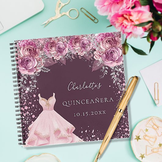 Quinceanera pink bugundy bloemetjesjurk notitieboek