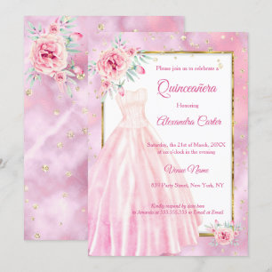 Quinceanera Pink Dress Floral Gold Birthday Party Kaart