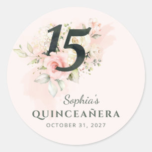 Quinceanera Pink Floral Waterverf 15e verjaardag Ronde Sticker