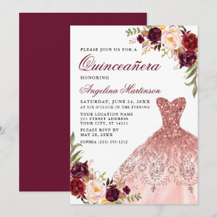 Quinceanera Pink Glitter Dress Burgundy Floral Kaart