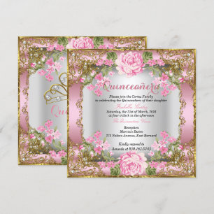 Quinceanera Pink  Land Floral Gold 2 Kaart
