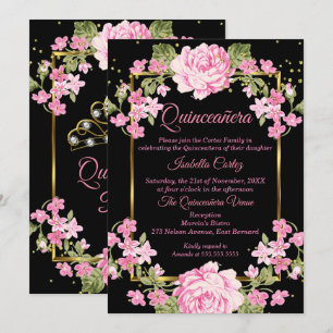 Quinceanera Pink  land Floral Gold Black Kaart
