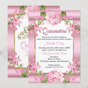 Quinceanera Pink  land Floral Gold Kaart